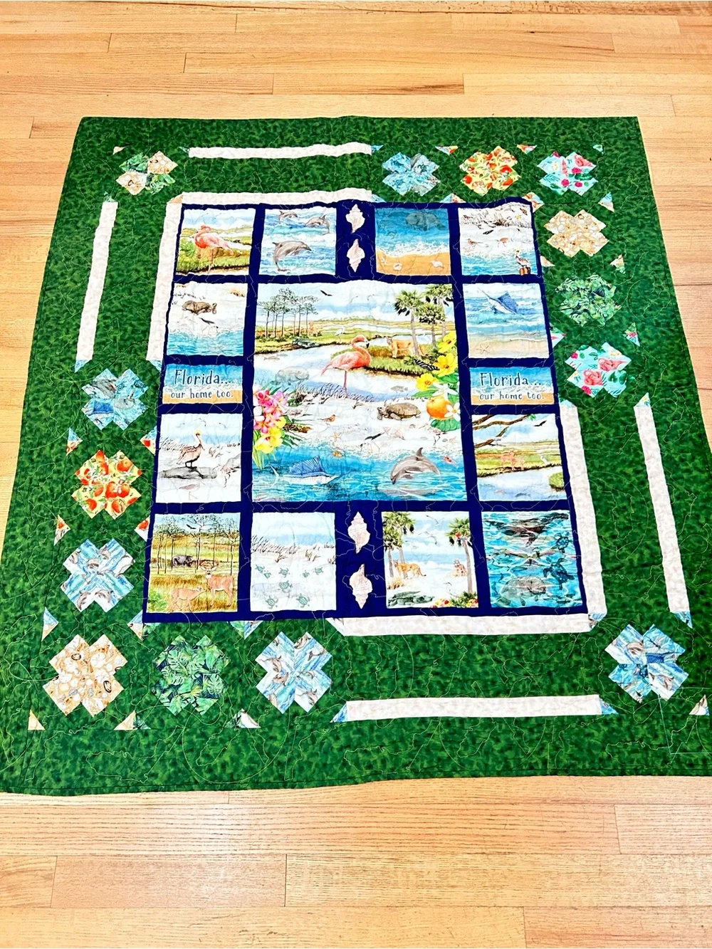 Handmade Florida Wildlife Scene Quilt Throw Blue Green 55”x‎ 61” Signed